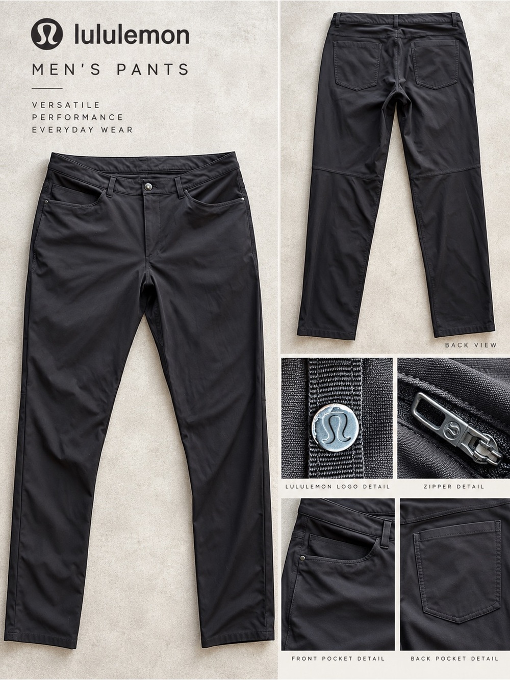 Lululemon Men’s Black ABC Style Technical 5 Pocket Pants Size 34 Stretch